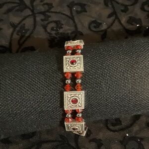 Elegant Silver and Red Beaded Bracelet